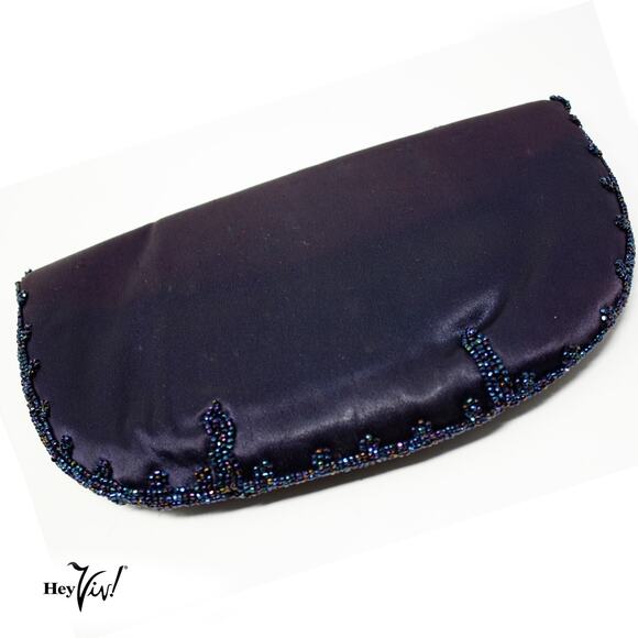 Vintage Magid Bonwit Teller Blue Satin Beaded Evening Bag Clutch 10x6 - Hey Viv - Picture 2 of 7